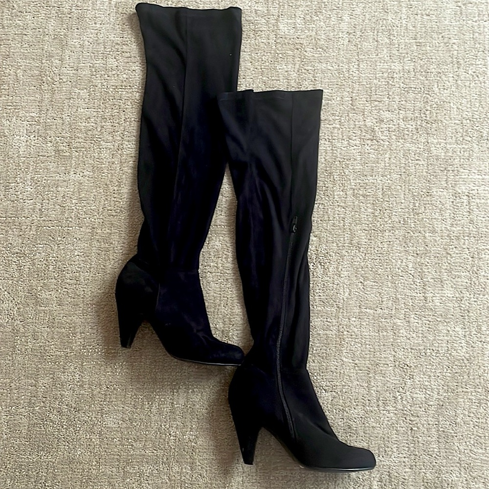 Black suede knee high heel boots
